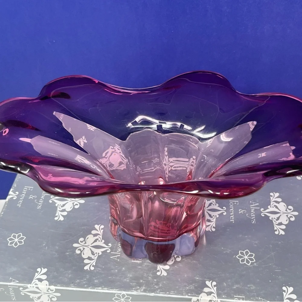 MCM Purple Glass Scalloped edge Bowl Vase
